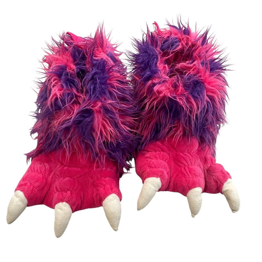 Lazy One Kids Monster Claw Slippers Size M Pink Purple Fuzzy Novelty